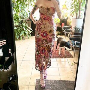 Sunfere Aurora Floral-Embroidered Strapless Maxi Dress